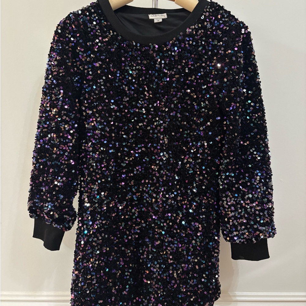 girl’s long sleeve formal black dress with sequins
